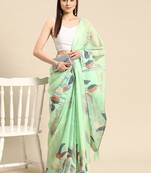 Silk Land Green Floral Soft Silk Blend Saree With Unstitched Blouse Piece