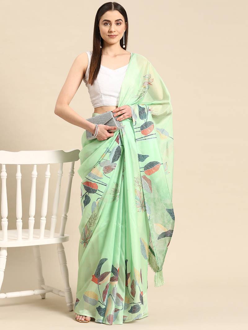 Silk Land Green Floral Soft Silk Blend Saree With Unstitched Blouse Piece