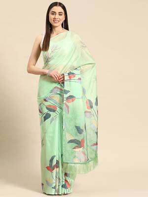 Silk Land Green Floral Soft Silk Blend Saree With Unstitched Blouse Piece 2