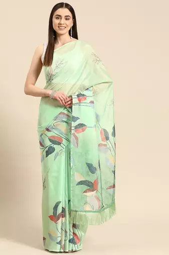 Silk Land Green Floral Soft Silk Blend Saree With Unstitched Blouse Piece