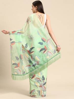 Silk Land Green Floral Soft Silk Blend Saree With Unstitched Blouse Piece 3