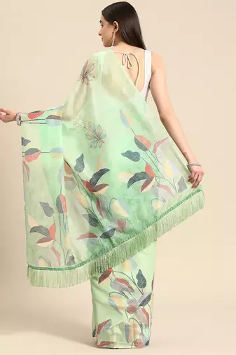 Silk Land Green Floral Soft Silk Blend Saree With Unstitched Blouse Piece