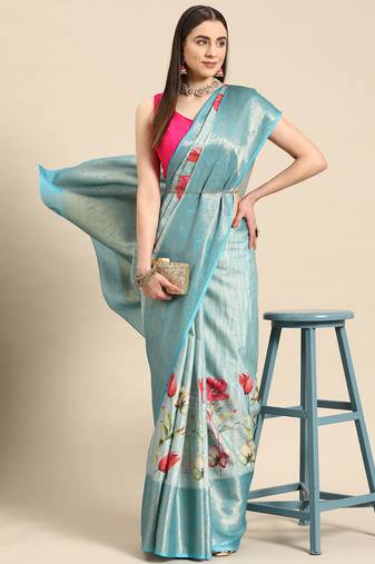 Silk Land Blue Floral Tissue Silk Blend Saree With Unstitched Blouse Piece