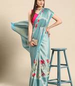 Silk Land Blue Floral Tissue Silk Blend Saree With Unstitched Blouse Piece