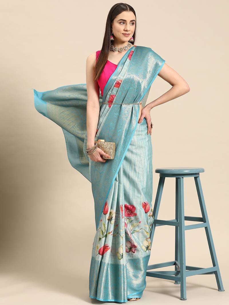 Silk Land Blue Floral Tissue Silk Blend Saree With Unstitched Blouse Piece