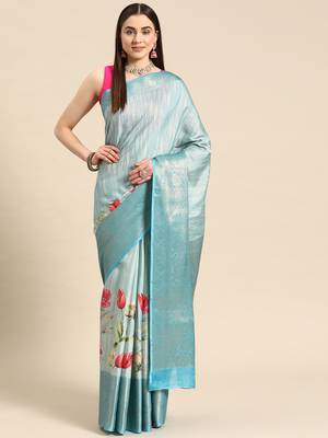 Silk Land Blue Floral Tissue Silk Blend Saree With Unstitched Blouse Piece 2
