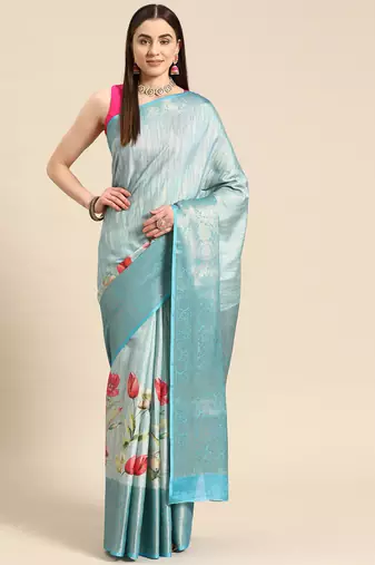 Silk Land Blue Floral Tissue Silk Blend Saree With Unstitched Blouse Piece