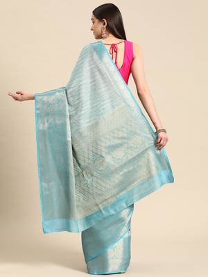 Silk Land Blue Floral Tissue Silk Blend Saree With Unstitched Blouse Piece 3