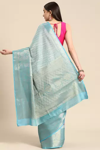 Silk Land Blue Floral Tissue Silk Blend Saree With Unstitched Blouse Piece