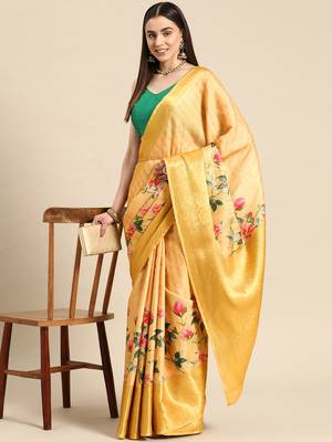 Silk Land Yellow Floral Tissue Silk Blend Saree With Unstitched Blouse Piece 1