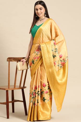 Silk Land Yellow Floral Tissue Silk Blend Saree With Unstitched Blouse Piece