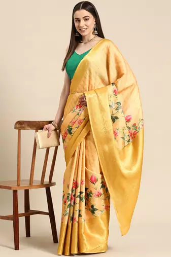 Silk Land Yellow Floral Tissue Silk Blend Saree With Unstitched Blouse Piece