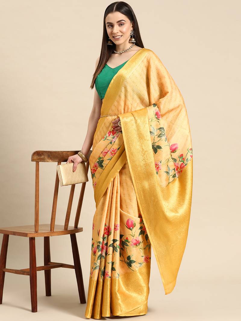 Silk Land Yellow Floral Tissue Silk Blend Saree With Unstitched Blouse Piece