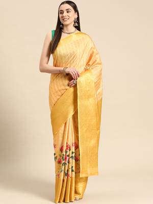 Silk Land Yellow Floral Tissue Silk Blend Saree With Unstitched Blouse Piece 2