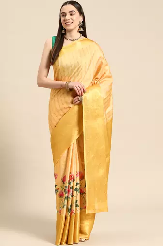 Silk Land Yellow Floral Tissue Silk Blend Saree With Unstitched Blouse Piece