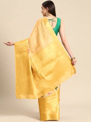 Silk Land Yellow Floral Tissue Silk Blend Saree With Unstitched Blouse Piece 3