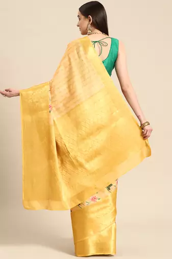 Silk Land Yellow Floral Tissue Silk Blend Saree With Unstitched Blouse Piece