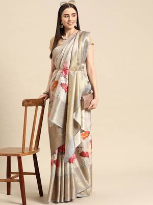 Silk Land Grey Floral Tissue Silk Blend Saree With Unstitched Blouse Piece 1