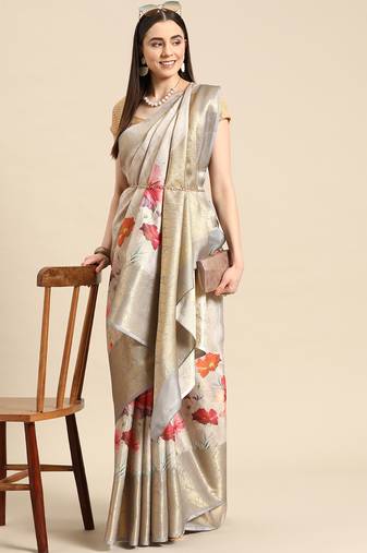 Silk Land Grey Floral Tissue Silk Blend Saree With Unstitched Blouse Piece