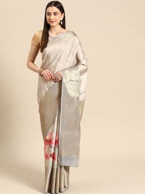 Silk Land Grey Floral Tissue Silk Blend Saree With Unstitched Blouse Piece 2