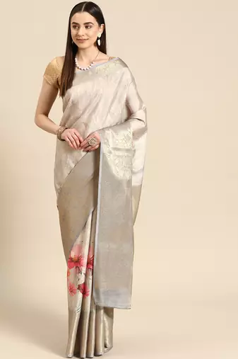 Silk Land Grey Floral Tissue Silk Blend Saree With Unstitched Blouse Piece