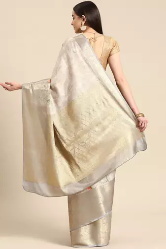Silk Land Grey Floral Tissue Silk Blend Saree With Unstitched Blouse Piece
