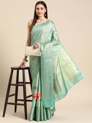 Silk Land Teal Floral Tissue Silk Blend Saree With Unstitched Blouse Piece 1
