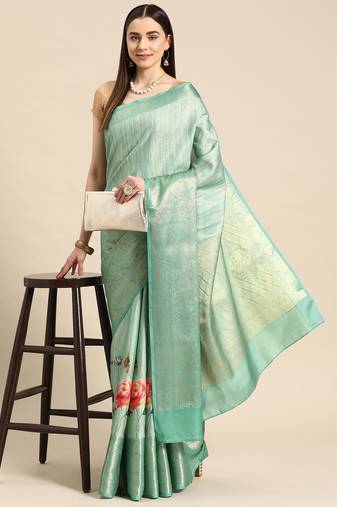 Silk Land Teal Floral Tissue Silk Blend Saree With Unstitched Blouse Piece