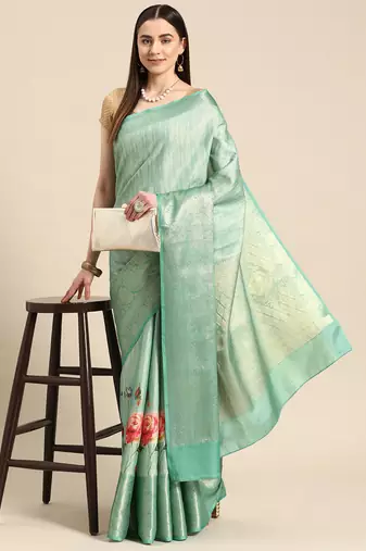 Silk Land Teal Floral Tissue Silk Blend Saree With Unstitched Blouse Piece