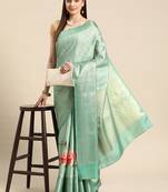 Silk Land Teal Floral Tissue Silk Blend Saree With Unstitched Blouse Piece