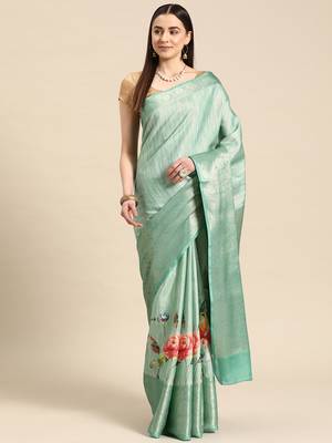 Silk Land Teal Floral Tissue Silk Blend Saree With Unstitched Blouse Piece 2