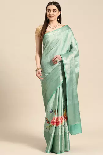 Silk Land Teal Floral Tissue Silk Blend Saree With Unstitched Blouse Piece