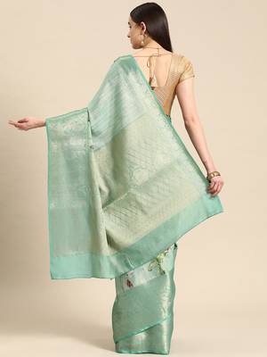 Silk Land Teal Floral Tissue Silk Blend Saree With Unstitched Blouse Piece 3