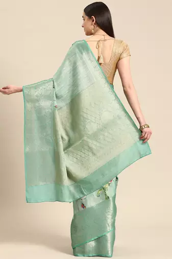 Silk Land Teal Floral Tissue Silk Blend Saree With Unstitched Blouse Piece