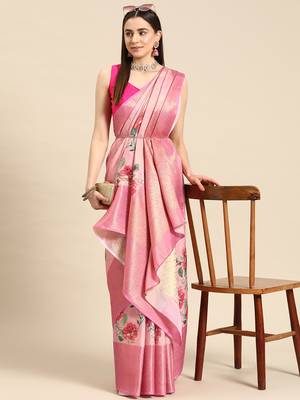 Silk Land Pink Floral Tissue Silk Blend Saree With Unstitched Blouse Piece 1