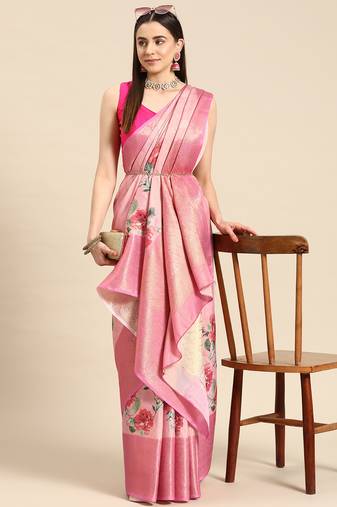 Silk Land Pink Floral Tissue Silk Blend Saree With Unstitched Blouse Piece