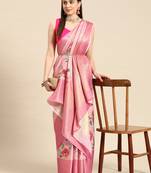 Silk Land Pink Floral Tissue Silk Blend Saree With Unstitched Blouse Piece