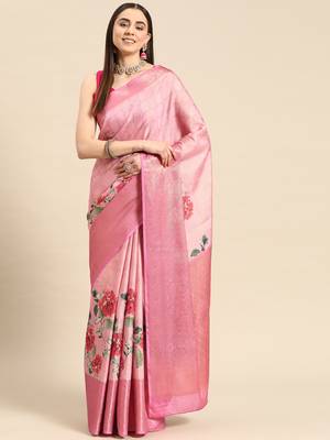 Silk Land Pink Floral Tissue Silk Blend Saree With Unstitched Blouse Piece 2