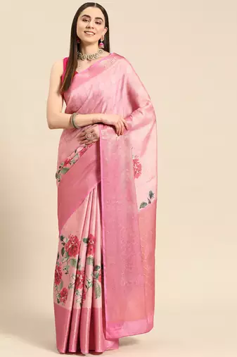 Silk Land Pink Floral Tissue Silk Blend Saree With Unstitched Blouse Piece