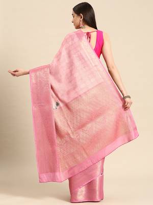Silk Land Pink Floral Tissue Silk Blend Saree With Unstitched Blouse Piece 3
