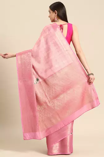 Silk Land Pink Floral Tissue Silk Blend Saree With Unstitched Blouse Piece