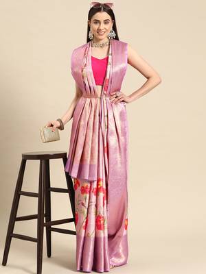 Silk Land Lavender Floral Tissue Silk Blend Saree With Unstitched Blouse Piece 1