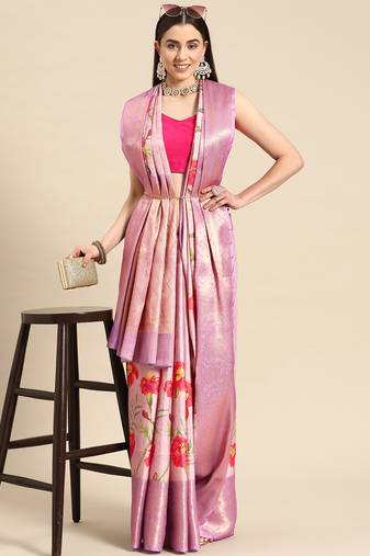 Silk Land Lavender Floral Tissue Silk Blend Saree With Unstitched Blouse Piece