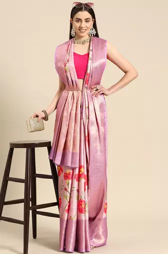 Silk Land Lavender Floral Tissue Silk Blend Saree With Unstitched Blouse Piece
