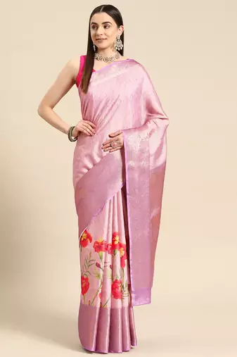 Silk Land Lavender Floral Tissue Silk Blend Saree With Unstitched Blouse Piece