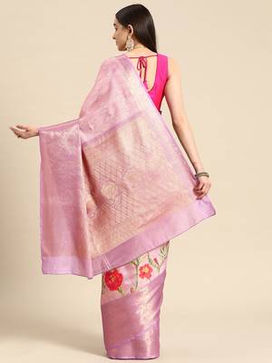 Silk Land Lavender Floral Tissue Silk Blend Saree With Unstitched Blouse Piece 3
