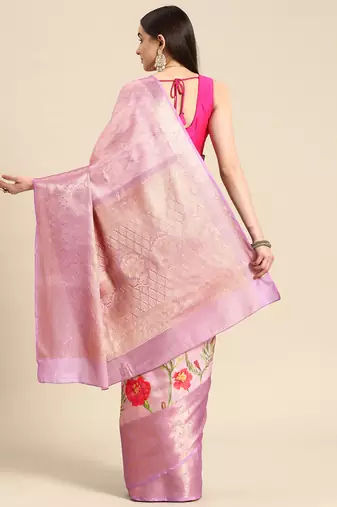 Silk Land Lavender Floral Tissue Silk Blend Saree With Unstitched Blouse Piece