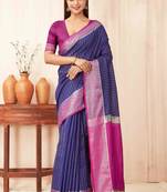 Silk Land Blue Checked Soft Silk Blend Saree With Unstitched Blouse Piece
