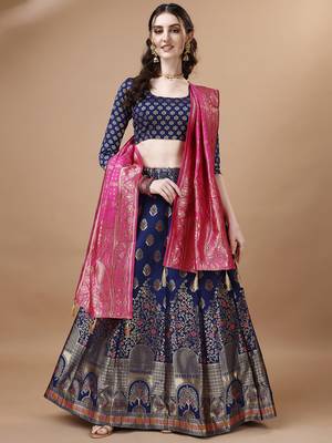 Blue & Pink Semi-Stitched Lehenga & Unstitched Blouse With Dupatta 1