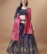 Blue & Pink Semi-Stitched Lehenga & Unstitched Blouse With Dupatta